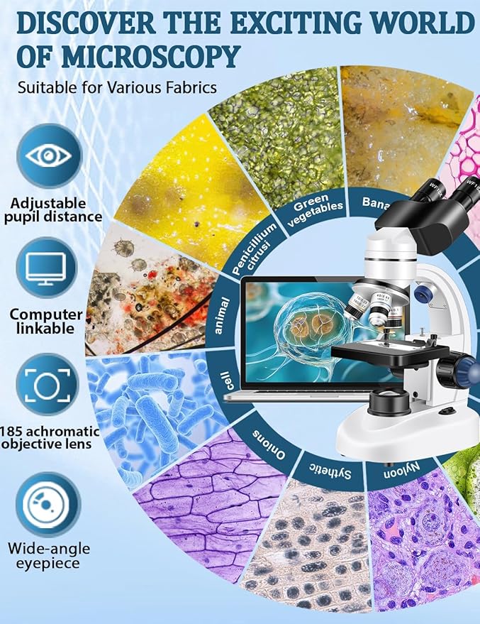 Microscope for Adults WF10x and WF25x eyepieces, 40X-2000X Magnification USB Camera, Microscope for Adults Suitable for Laboratory School Home Education（White Microscope）