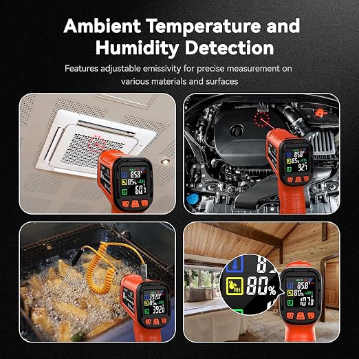 -58°F to 2732°F Infrared Thermometer IR Laser Gun 50:1, Digital Temperature Gun/K-Type Probe -4°F~932°F, Humidity Sensor, High-Temp Pyrometer for Kiln, Forge, Furnace, Industrial Use