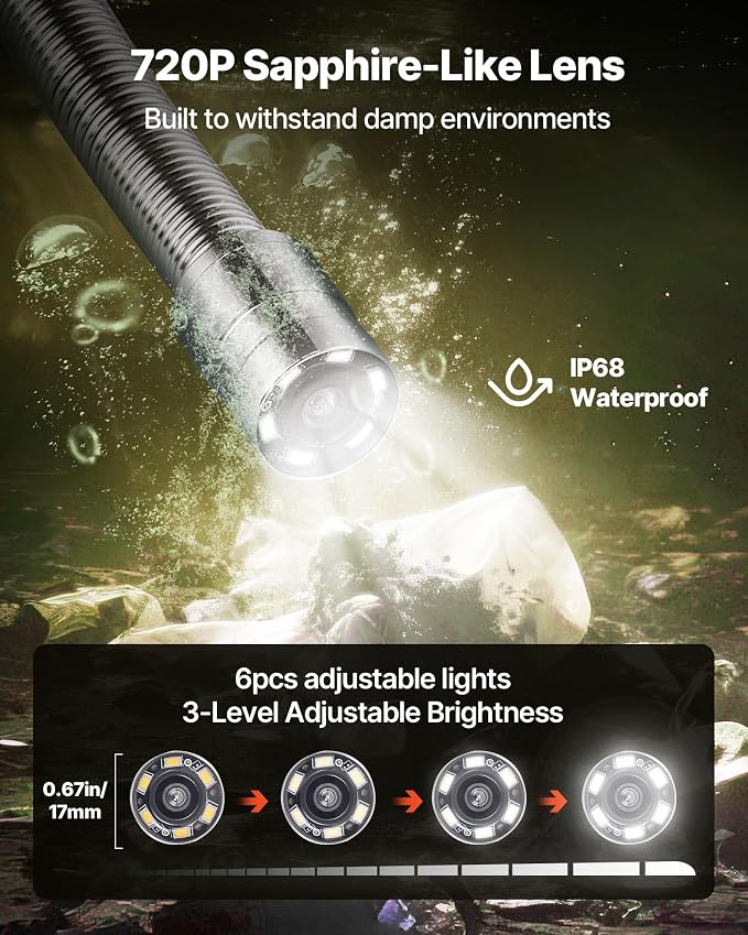 VEVOR Sewer Camera, 66 ft/20m, 4.3" Drain Inspection Camera, IP68 Waterproof Snake Plumbing Camera with Lights - 6 Adjustable LEDs, 4500mAh Battery & 16GB Card for Sewer Line Duct Pipes