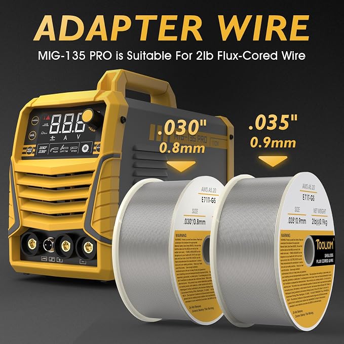TOOLIOM 135A Gasless Flux Core MIG Welder 110V MIG Welder Flux MIG/Lift TIG/Stick 3 in 1 Welding Machine IGBT DC Inverter with LCD Display