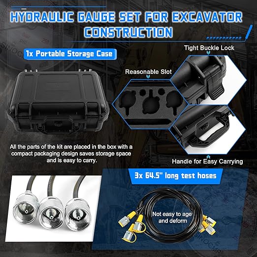Hydraulic Pressure Gauge Test Kit with 3 Gauges 25/40/60MPa, 16 Straight Connectors, 3 Tee Connectors, 3 Test Hoses 64.5IN, Construction Machinery Excavator Hydraulic Tester Kit
