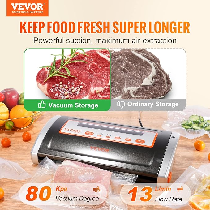 VEVOR 80Kpa Vacuum Sealer Machine,130W Powerful, Multifunctional for Dry and Moist Food Storage, Automatic and Manual Air Sealing System with Built-in Cutter