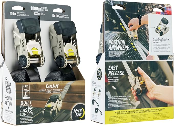 Nite Ize CamJam Ratchet Strap System - Easy-Release Patented Lever Pawl - Tie Down Straps & Ratchet with Adjustable Positioning for Varied Configurations - 1000 lb Working Load Limit - Large (2 Pack)