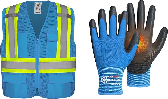 KAYGO High Visibility Reflective Vest with Pockets KG0100(M,Blue) and 12 Pairs Red Winter Thermal Insulated Safety Work Gloves PU Coated(M, Blue), Ideal for Freezer Work