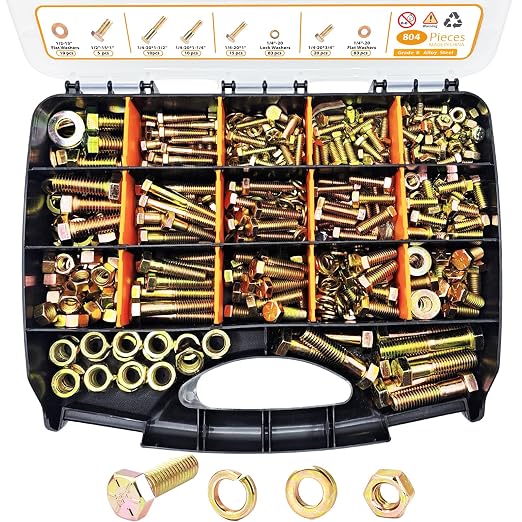 804PCS Assorted Nuts and Bolts with Washers, Grade 8 Bolt Assortment Kit, Including 1/4-20, 5/16-18, 3/8-16, 1/2-13 SAE Size,Yellow Zinc Plated for Automotive,Truck & Mechanical Repair