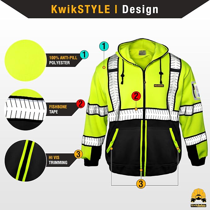 KwikSafety - Charlotte, NC - Men's Fleece Safety Hoodie | PPE Hi Vis Lightweight Reflective Jacket