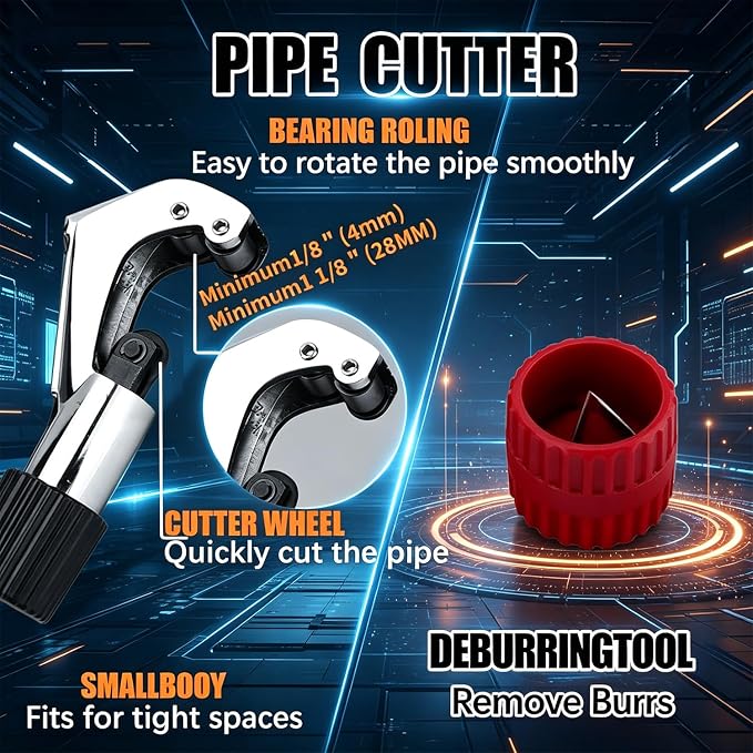 Flaring Tool HVAC & Brake Line Flaring Tool Kit – 45° Eccentric Flaring Set for 6-19mm & 1/4"-3/4" Pipes w/Cutter, Deburring, Hard Case.