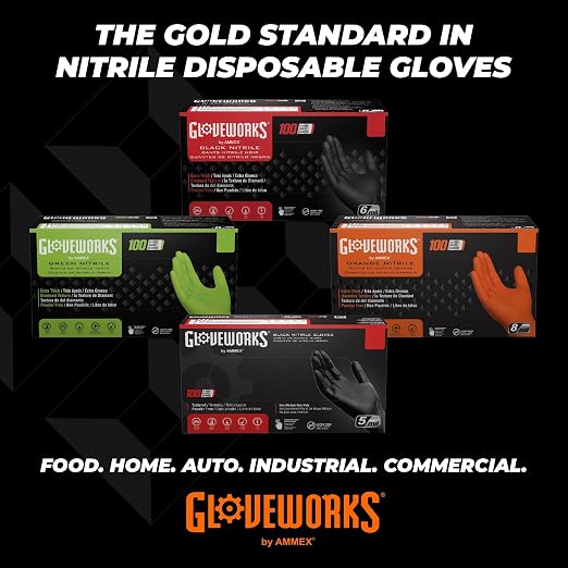 GLOVEWORKS 8 Mil Orange Nitrile Disposable Gloves Heavy Duty Industrial RDT for Mechanic and Automotive, Large 3 Boxes of 100