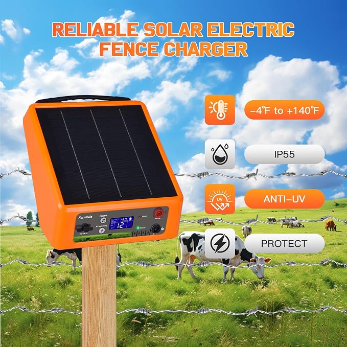 20 Miles Solar Powered Electric Fence, 6-12KV Adjustable Output Solar Charger, 2 Joules Pulse Energy,24H Solar Powered Electric Fence Kit Suitable for Pets,Poultry,Ranches and Gardens