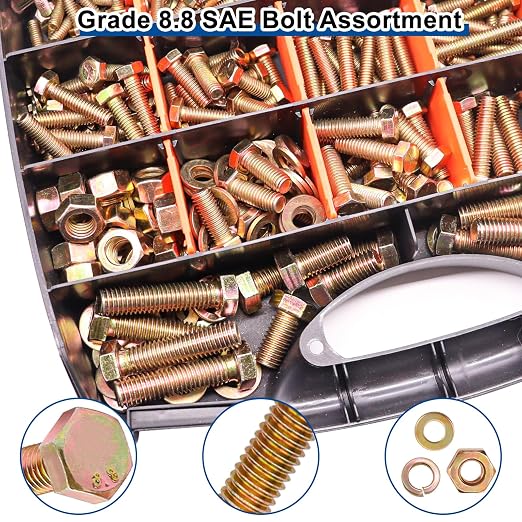 Taiss Grade 8.8 Bolts and Nuts Assortment Kit,1/4-20,5/16-18,3/8-16,1/2-13 Heavy Duty SAE Hex Bolts and Nuts & Flat/Lock Washer Kit,Carbon Steel Zinc Plated,with Handheld Box 618PCS