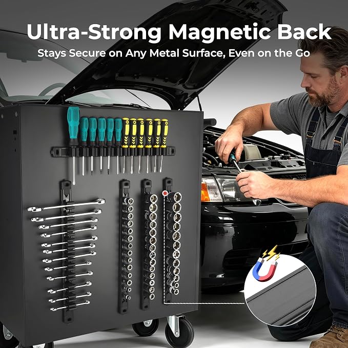 Reniteco 6-Piece Magnetic Socket Organizer and Magnetic Screwdriver Organizer Set, 1/4" 3/8" 1/2" Drive Aluminum Rail & 3-Piece Wrench Screwdriver Holder, Interchangeable Clips, Sockets Not Included