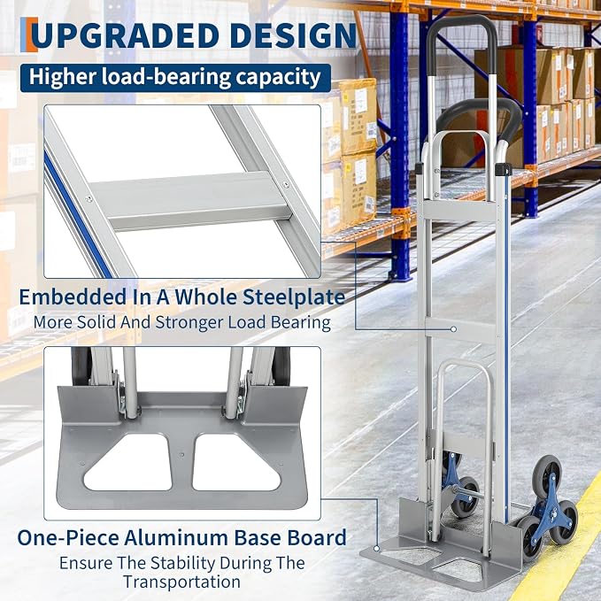 Aluminum Stair Climbing Cart,600 LBS 2 in 1 Heavy-Duty Aluminum Hand Truck with Extendable Base Plate, Dual Handles, 6 Wheels & 2 Elastic Ropes for Warehouse Shopping