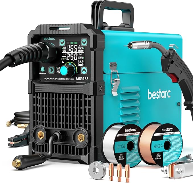 Bestarc 165A MIG Welder, 110V 220V 4 in 1 Gas/Flux Core MIG/Lift TIG/Stick Welder Machine, Large LED Display Welding Machine, IGBT Inverter Welder MIG165 Soild Gasless Synergy MIG Welder
