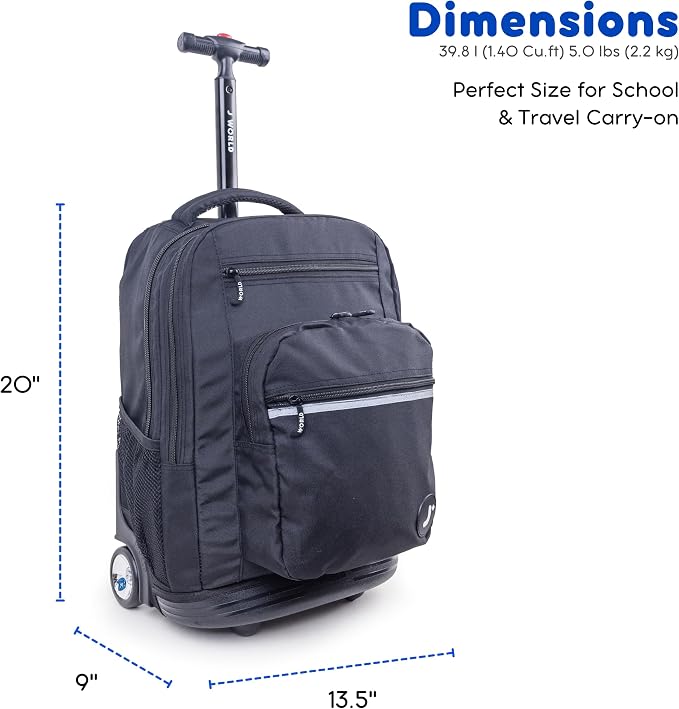 J World Sundance Laptop Rolling Backpack for Girls Boys. Roller Bookbag with Wheels, 20 Inch, Black