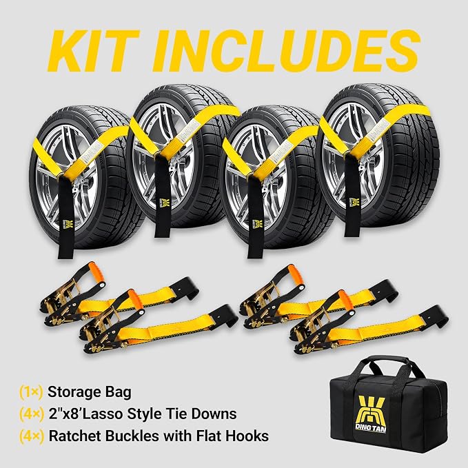 Car Tie Down Straps for Trailers, 4 Pack 2" x 96" Heavy Duty Car Hauler Ratchet Straps, 10,000 lbs Break Strength, Tire Ratchet Straps with Flat Hooks, Lasso Style for Cars, SUVs, UTVs & Trucks
