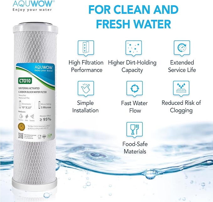 CTO10 5 Micron 2.5" x 10" Carbon Block Water Filter Set – Replacement Cartridges for Whole House and Under Sink Systems, Universal Standard Size (3, 10 x 2.5)