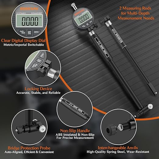 Digital Dial Bore Gauge Set - 0.7-6 Inch Range, 0.0005" Precision, No Disassembly for Measurement, 23pcs Anvils, Self-Centering for Industrial Manufacturing and Deep Cylinder Measurement