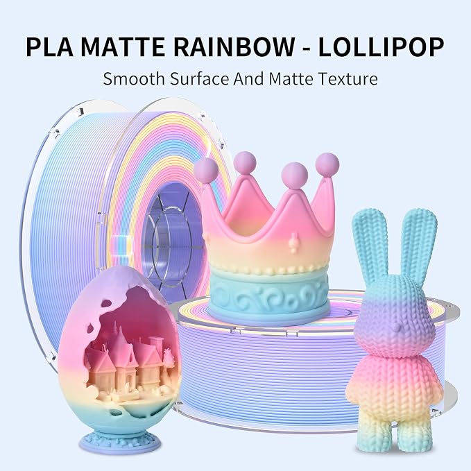 RAMBERY Matte Rainbow 3D Printer Filament Matte PLA Filament Multi-Color Change 3D Printing Filament, 1.75mm 1kg(2.2lb), Lollipop Blue Purple Pink Yellow Green