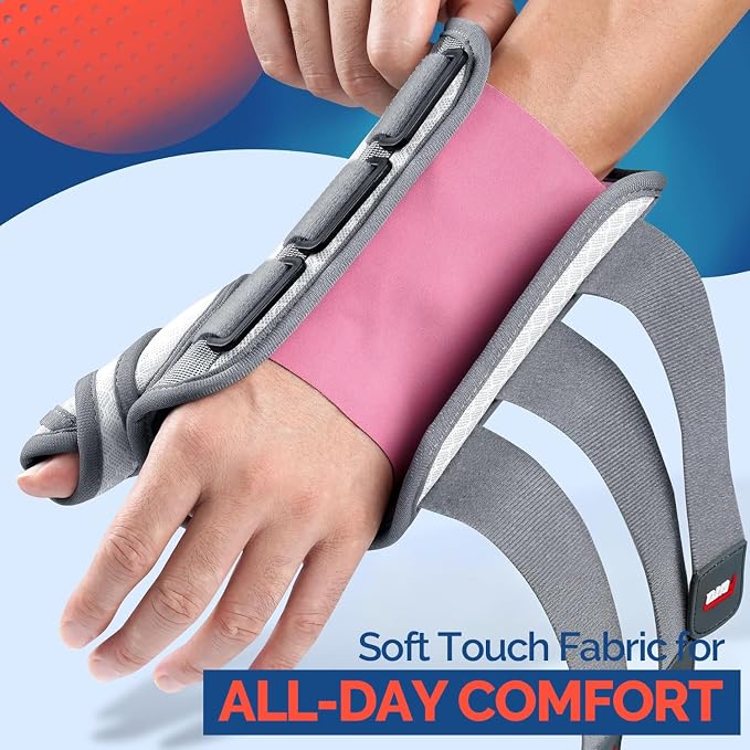 FEATOL Carpal Tunnel Wrist Brace Night Support, Thumb Spica Splint Right Hand for De Quervains Tenosynovitis, Tendonitis, Thumb Brace for Women Men, White Pink, Large/XLarge