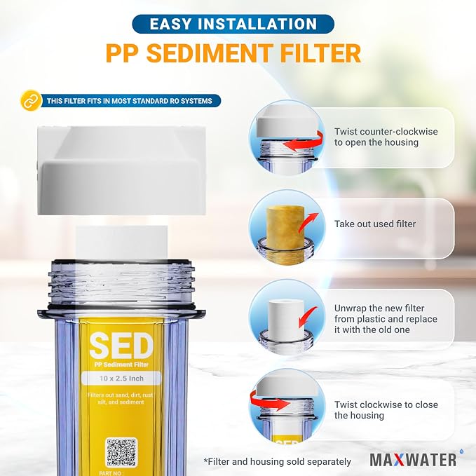 Max Water 5 Micron 10 x 2.5 PP Sediment Water Filter Cartridge for Standard 10-Inch RO and Well Water Filter Systems, Whole House Replacement Compatible with P5, AP110, WHKF-GD05, 155014-43, 25- Pack
