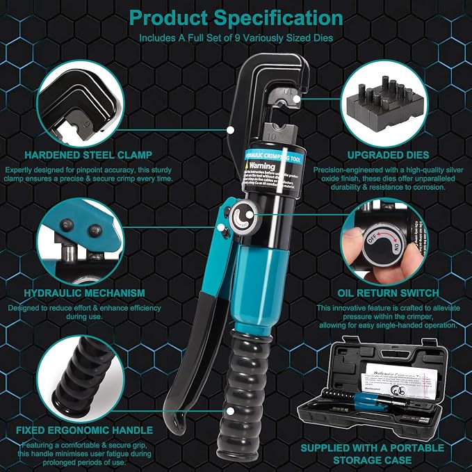 Brileine 10 Tons Hydraulic Crimping Tool with 9 Dies - Battery Cable Crimper Tool & Wire Rope Crimping Tool for 12 to 2/0 AWG, 1/16" 1/8" 3/16" Stainless Steel Cable Railing Tool