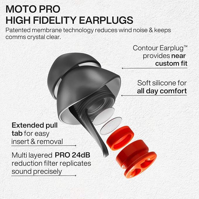EARPEACE Moto PRO - Motorcycle Ear Plugs - Reusable Earplugs for Wind Noise Protection with High Fidelity Filter - Noise Canceling up to 24dB - Motorcycle Accessories - Includes Filter Set and Case