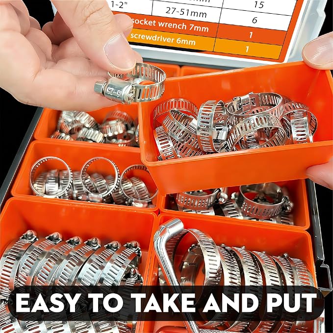 175Pcs 304 Stainless Steel Worm Gear Hose Clamps Kit | 1/4"-2" Adjustable Clamps for Auto, Plumbing & Garden,Stop Leaks Instantly,Free Wrench & Screwdriver Included