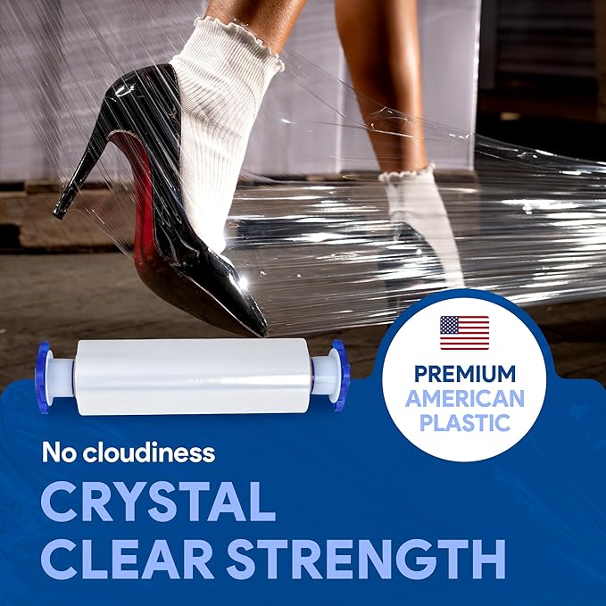 International Plastics Co. 18" Stretch Film/Wrap 1500 feet 7 Layers 80 Gauge Industrial Strength up to 800% Stretch 20 Microns Adhering Packing Moving Heavy Duty (Clear, 4 Pack - Tension Handles)