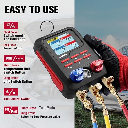 Digital Manifold Gauge, HVAC Refrigerants Digital AC Gauges Set with 2 Thermometer Clamps and 3 Hoses, for R22/R410A/R134A/1234YF Refrigerant Recharge Kit, Black