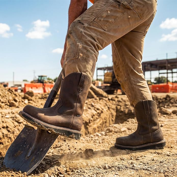NINGO Soft/Steel Toe Work Boots for Men, Waterproof & Slip Resistant Wellington Leather Boots, Pull On Design, EH Protection with Goodyear Construction Shoes for Industrial, Farm & Welding