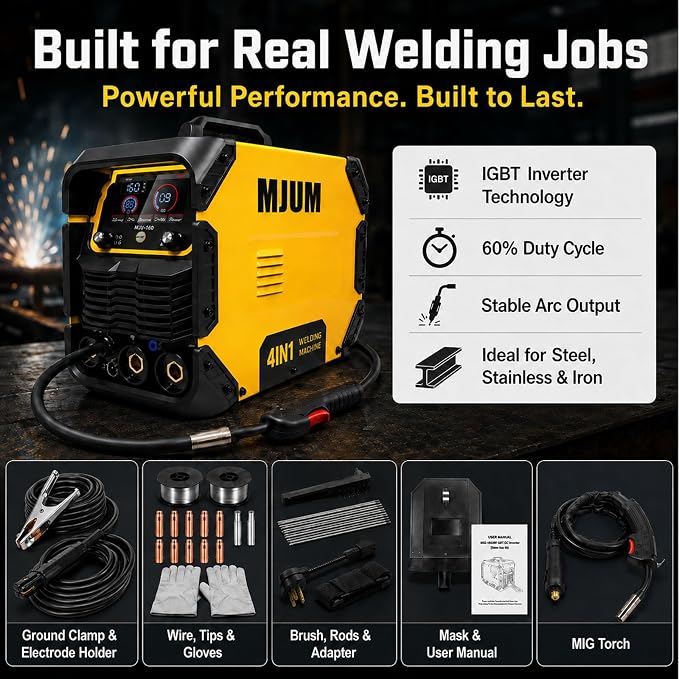 160A 4-in-1 Welding Machine: 110V/220V Dual Voltage MIG Welder with Smart Synergic Control, Flux Core/Gas MIG/Lift TIG/Stick Welder, IGBT Inverter HD Display for Home Repair Auto Fabrication