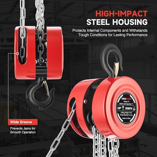 CREWORKS Hand Chain Hoist, 1 Ton 2200 lb Capacity 10 ft Manual Chain Hoist with G80 Load Chain & Galvanized Hand Chain, Heavy Duty Manual Lever Hoist for Construction Warehouse Automotive Factory