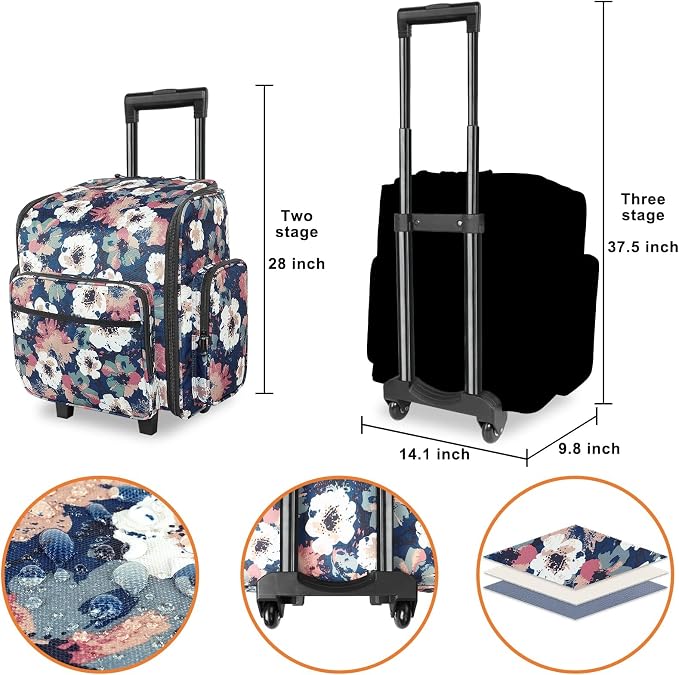 YOREPEK Large Rolling Craft Bag Wheels, Briefcase Gift for Crafter Teacher | Roller Scrapbook Tote, Water Resistant Scrapbooking Rolling Briefcase for Scrap Book Stickers Supplies and Tools, Floral