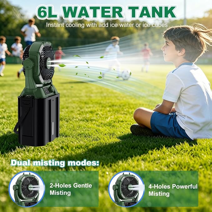 Wilody Portable Misting Fan 20000mAh Rechargeable Battery, 6L Bucket Outdoor Fan with LED Lights & Stepless Speed Control & Cooling Mist, Battery Powered Fan for Outdoor Patio Camping (Dark Green)