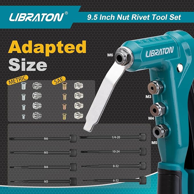 LIBRATON 9.5" Rivet Nut Tool, One-Handed Rivet Nut Gun, Hand Rivet Nut Tool Kit with 80PCS Threaded Rivet Nuts, 8PCS Interchangeable Mandrels, Metric M3-M6, SAE 6-32" to 1/4-20", with Carrying Case