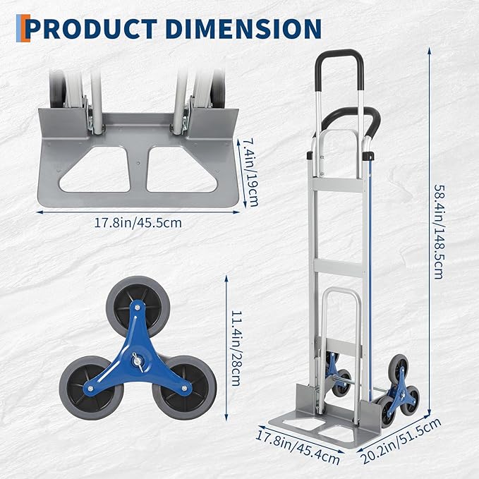 Aluminum Stair Climbing Cart,600 LBS 2 in 1 Heavy-Duty Aluminum Hand Truck with Extendable Base Plate, Dual Handles, 6 Wheels & 2 Elastic Ropes for Warehouse Shopping