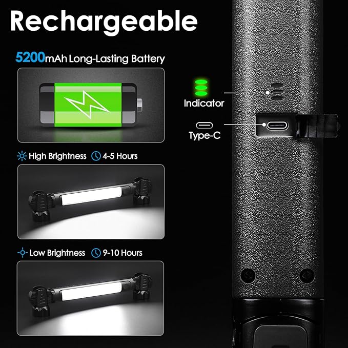 Ropelux Mechanic Work Light Bar with 2500LM 5200mAh Battery, Black 2 Pcs | 2-Level Brightness, 7500K Cool White, 4-10 Hours Runtime, Magnetic Bases, Hooks, 360° Rotating, Rechargeable, Tool Gift