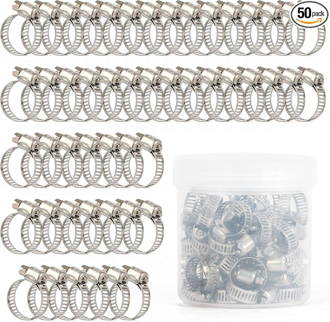 U.S. Solid 50PCS Hose Clamps Stainless Steel Adjustable 1/2"–3/4" (13–19mm) Worm Gear Hose Clamp, Heavy Duty Metal Small Hose Clamps for Automotive, Plumbing, Fuel Line