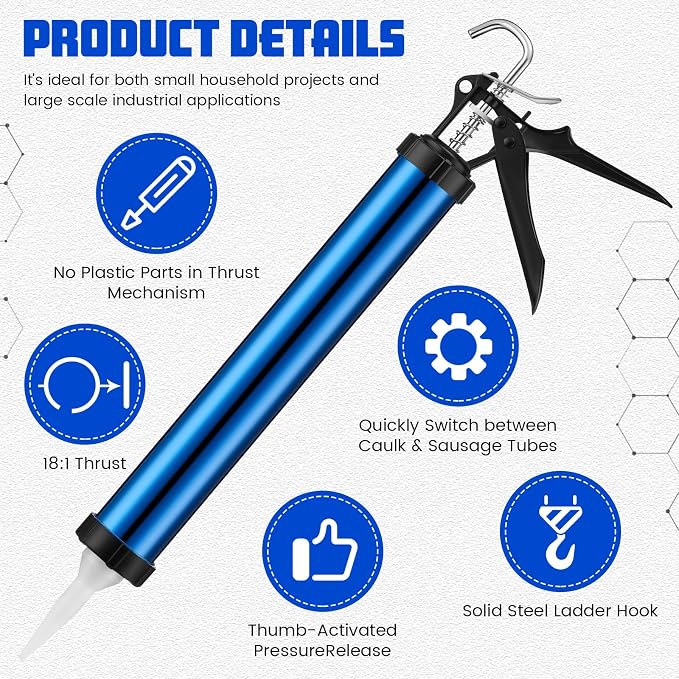 Lasnten 2 Pack Sausage Caulk Gun 20 oz Aluminum Cordless Sausage Caulking Gun with 4 Cone Nozzles, 18: 1 Thrust, Aluminum Sealant Hand Caulk Kit for Contractors (Blue)