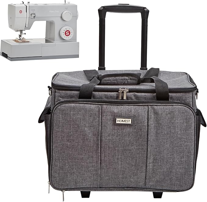 HOMEST Sewing Machine Rolling Case with Wheels and Storage Pockets | Fits Singer and Brother machines, rolling wheels and storage pockets help carry sewing accessories, Grey
