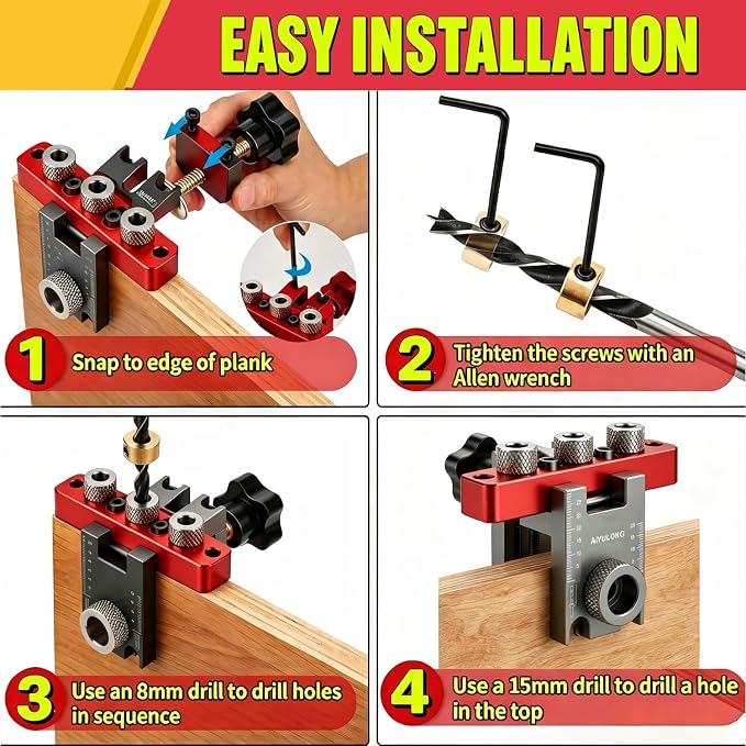 Self Centering Doweling Jig Kit, 3-in-1 Dowel Drill Guide | aluminum alloy, drill guide for straight holes, adjustable bits, precision scale, for furniture assembly, diy projects