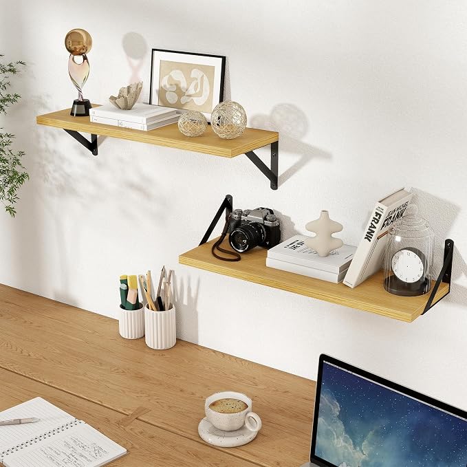 Floating Shelves 8 Inch Deep, 24W x 8D Wall Shelf Set of 2, 50 lbs Heavy Duty Reversible Metal Brackets, Industrial Book Shelf for Living Room Kitchen Bathroom Bedroom Gallery Wall, Oak
