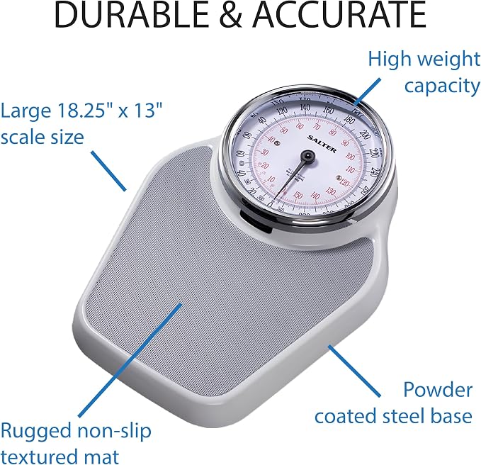 Salter Academy Analog Bathroom Scale for Body Weight - Large 18.25 x 13 Inch Steel Platform, 400 lb Capacity, Oversized 7.5 Inch Dial, Non-Slip Mat, Silver Chrome