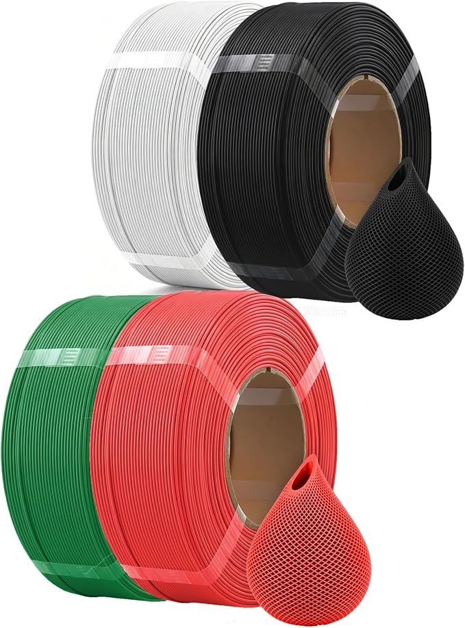 OVERTURE 4KG Bundle High Speed PLA Filament Refill 1.75mm 3D Printer Filament, 4 Pack 1kg (2.2lb) Refilament for Bambu Lab Reusable Spool, Fit Most FDM 3D Printers (Black+White+Red+Green)