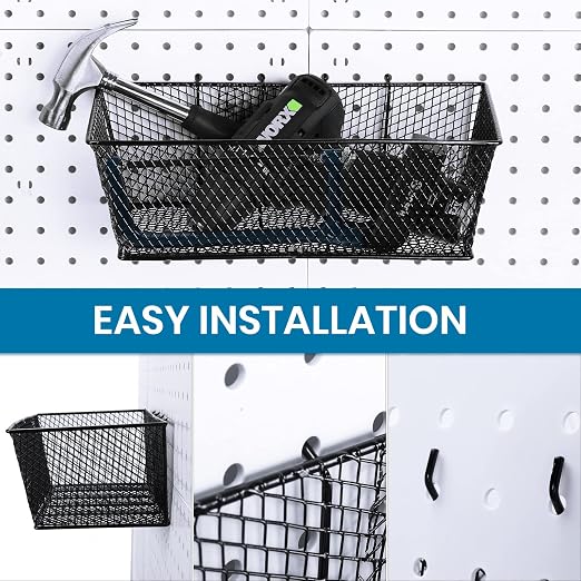 Sieral 4 Pcs Black Pegboard Baskets Metal Wire Shelf Baskets Peg Board Organizer Accessories Wall Mount Organizer Attachments for Garage Workbench Various Tool Accessories, 2 Sizes