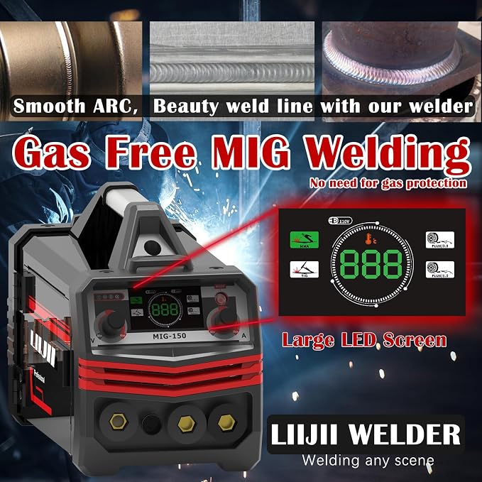 150A MIG Welder 3-in-1 Welding Machine, MIG/Lift TIG/Stick Welder Machine 110V, Portable Gasless Flux Core Welder IGBT Inverter Welder with LED Digital Display