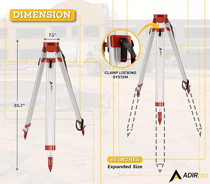 AdirPro Laser Level Tripod - Universal Heavy Duty Survey & Transit Tripod - 5/8" x 11" Thread - Quick Clamp - Aluminum Construction for Lasers & Levels (Orange)
