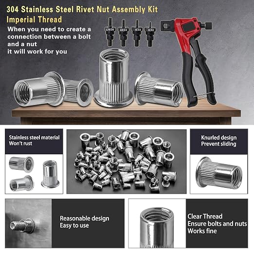 ASE Stainless Steel Rivet Nut Tool Kit, 500PCS (1/4-20,10-24,8-32,6-32) inch Rivet Nut, Suitable for Furniture, Decoration, Automotive, Marine and Industrial Applications