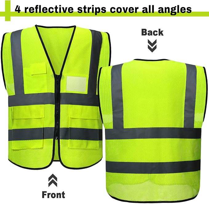 Newcotte 25 Pack Safety Vests Bulk Yellow Reflective High Visibility Vest with Mesh Pocket Zipper, Hi Vis Silver Strip for Men, Neon