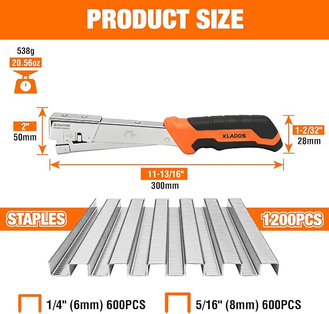 Hammer Tacker Kit, Manual Hammer with 1200 Staples & Gloves | T50 compatible, all steel construction with chrome for upholstery, woodworking, furniture repair and DIY, 1/4" & 5/16"